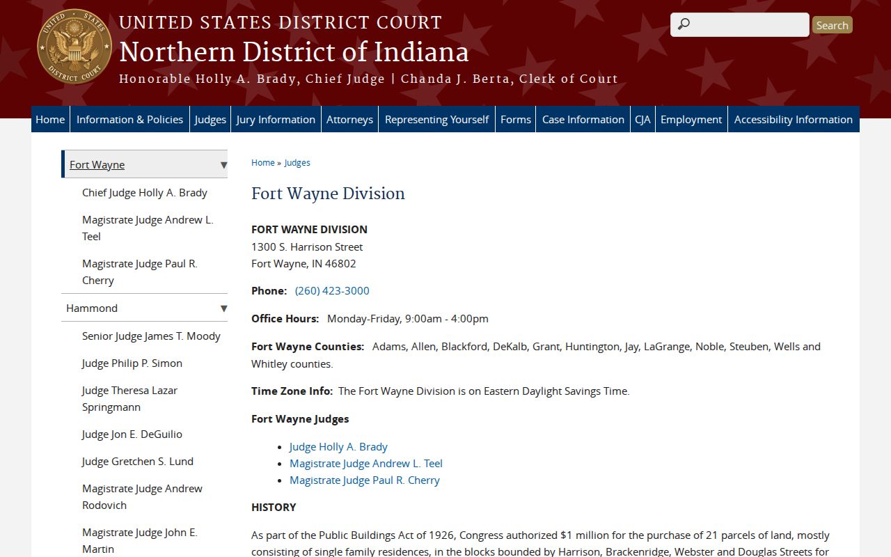 Northern District of Indiana Fort Wayne Division venue page