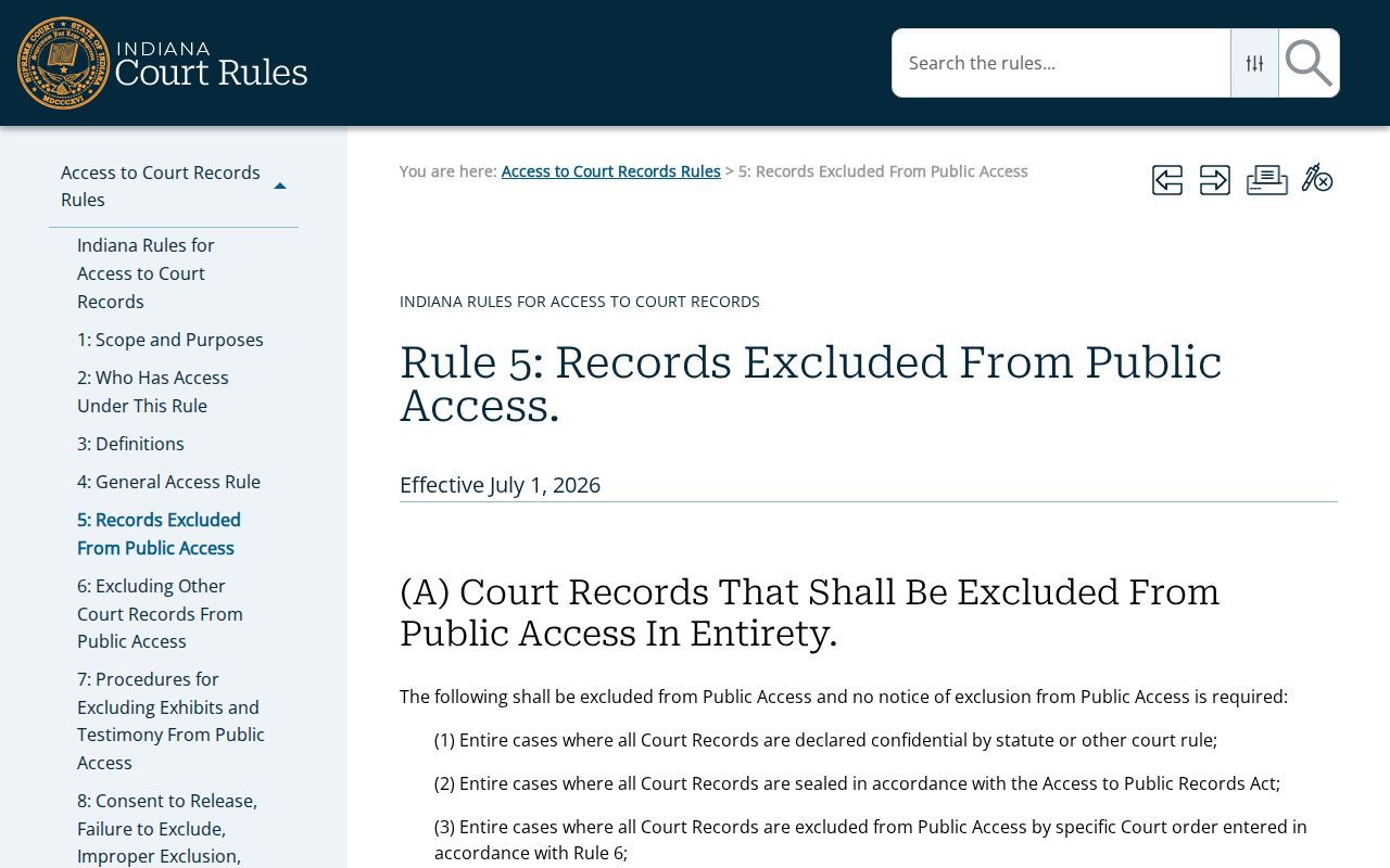 Indiana Access Rule 5 confidential record categories