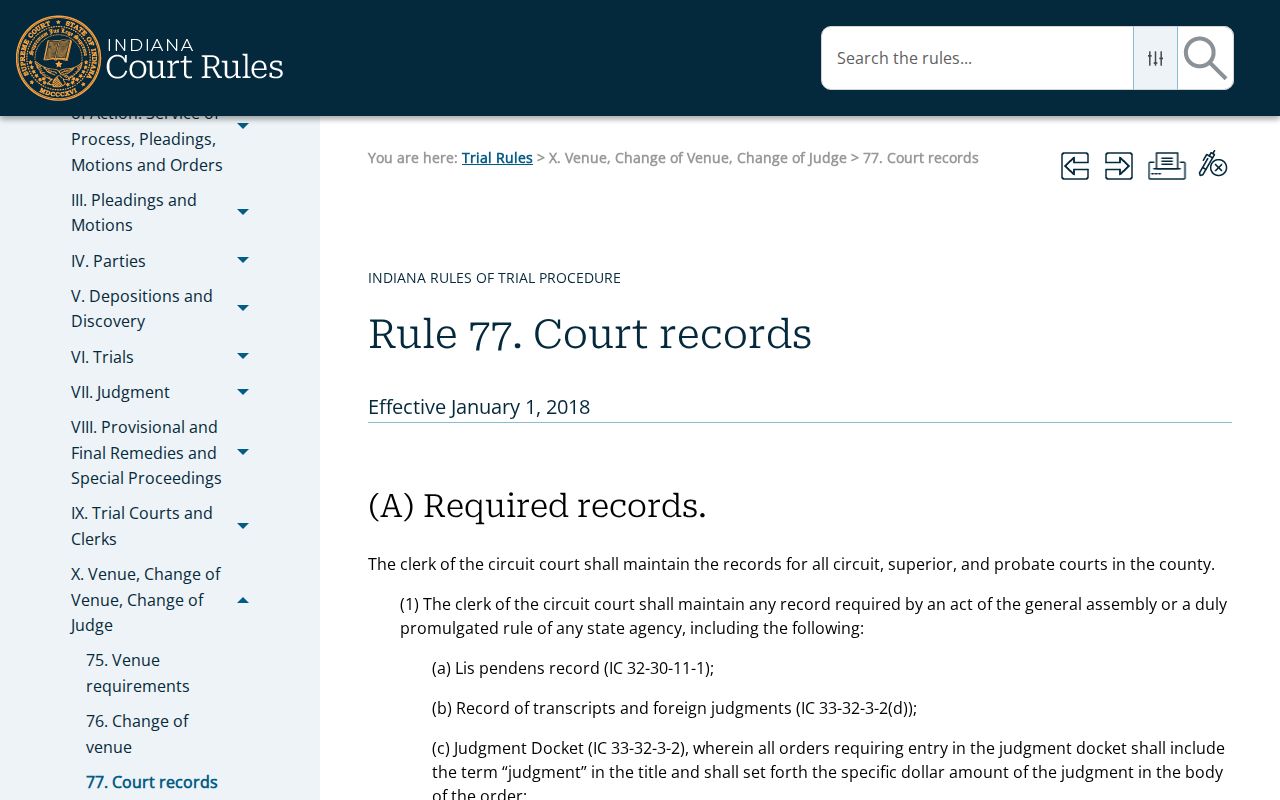 Indiana Trial Rule 77 page about the CCS and clerk-held records