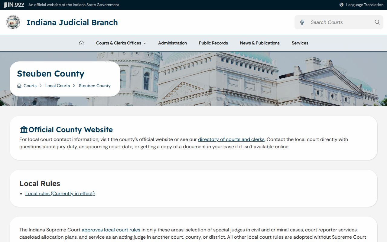 Indiana courts Steuben County hub with MyCase and e-filing links