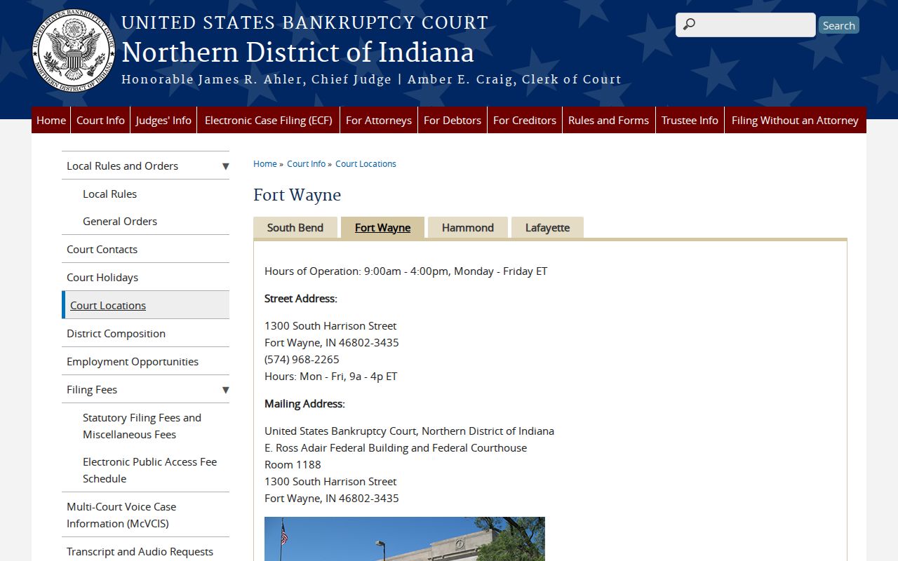 Northern District of Indiana bankruptcy court Fort Wayne office page