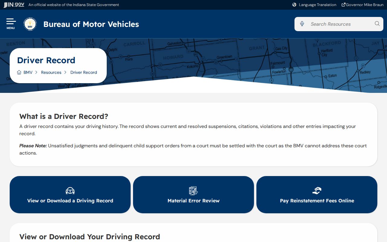 Indiana BMV driver record page distinguishing VDR and ODR products