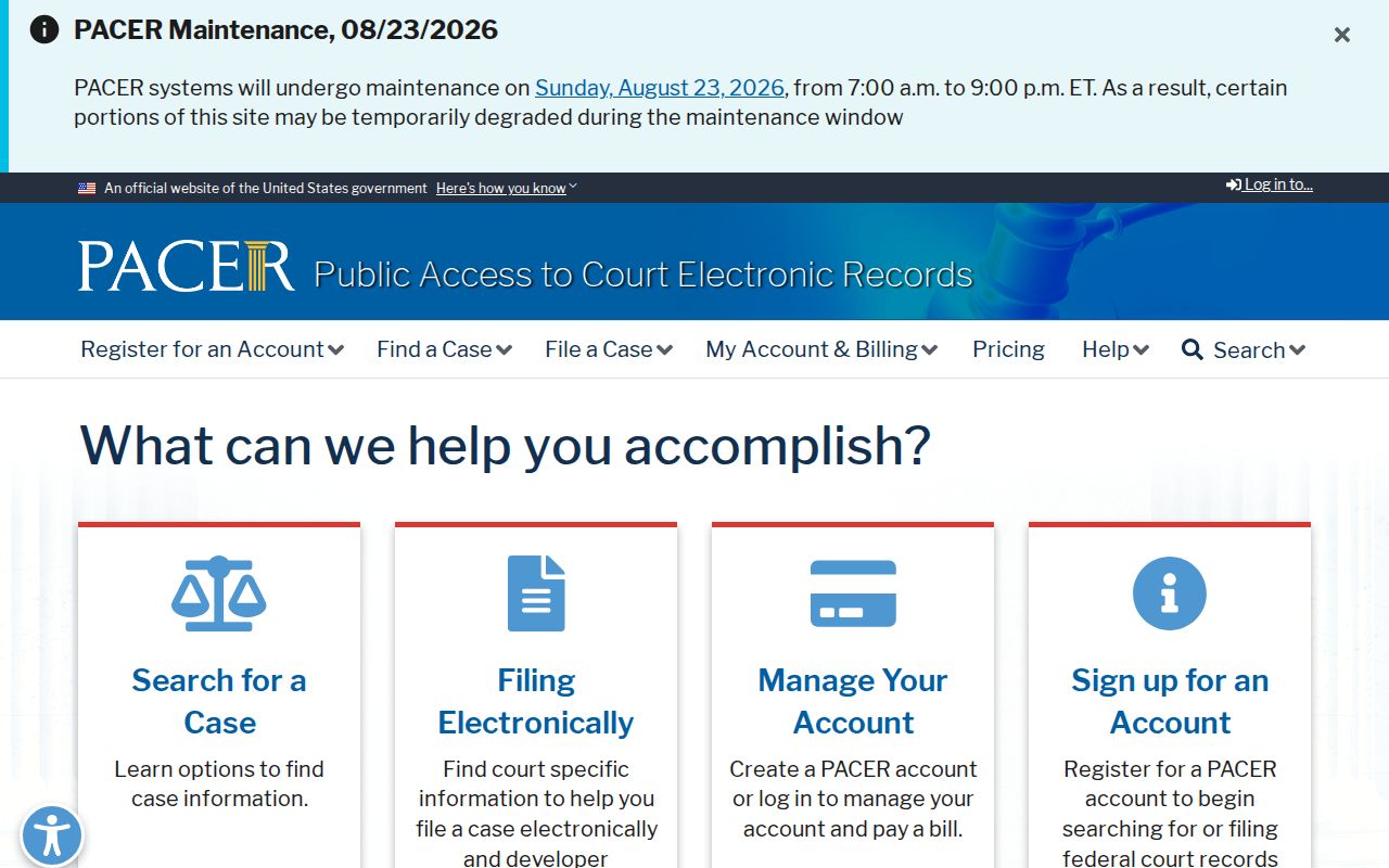 PACER federal case locator page used for federal jurisdiction