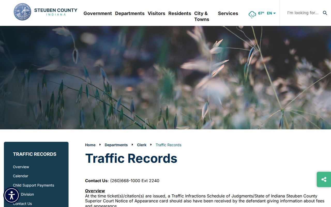 Steuben County Clerk traffic records page with schedule and payment instructions